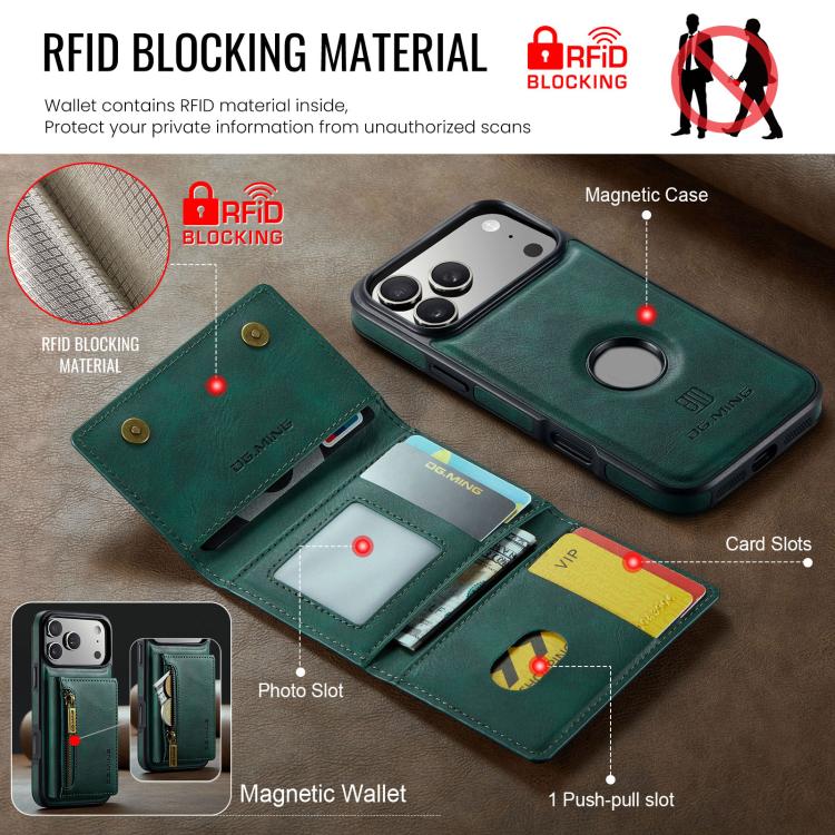 For iPhone 18 Pro / 17 Pro DG.MING M5 Series Zip RFID Multi Card Detachable Leather Phone Case(Green)