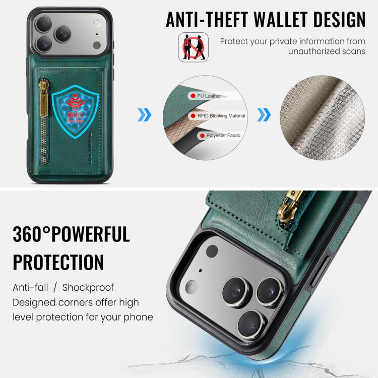 For iPhone 18 Pro / 17 Pro DG.MING M5 Series Zip RFID Multi Card Detachable Leather Phone Case(Green)
