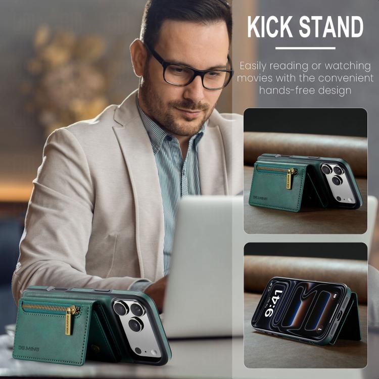 For iPhone 18 Pro / 17 Pro DG.MING M5 Series Zip RFID Multi Card Detachable Leather Phone Case(Green)