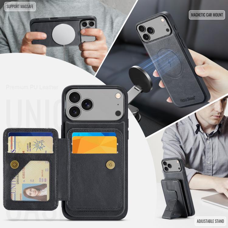 For iPhone 18 Pro / 17 Pro Fierre Shann Oil Wax Cow Leather Card Holder Back Phone Case(Black)
