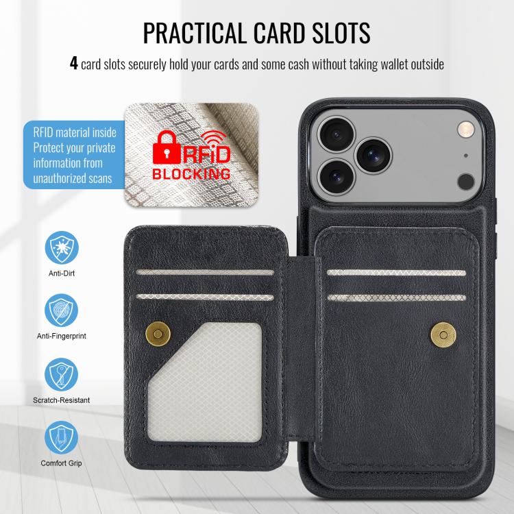 For iPhone 18 Pro / 17 Pro Fierre Shann Oil Wax Cow Leather Card Holder Back Phone Case(Black)