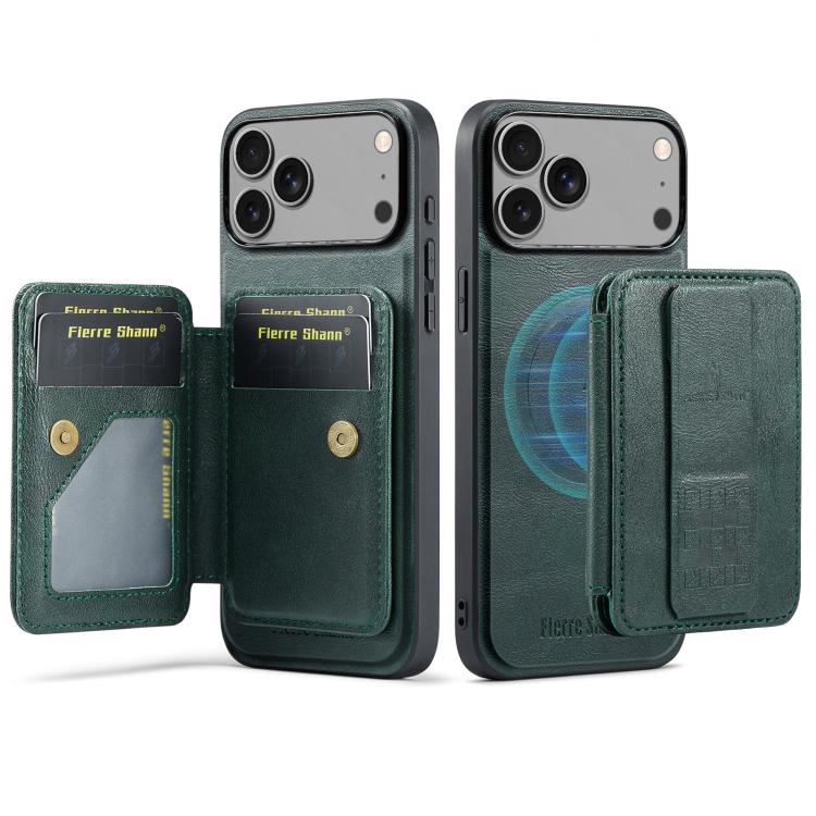 For iPhone 18 Pro / 17 Pro Fierre Shann Oil Wax Cow Leather Card Holder Back Phone Case(Green)