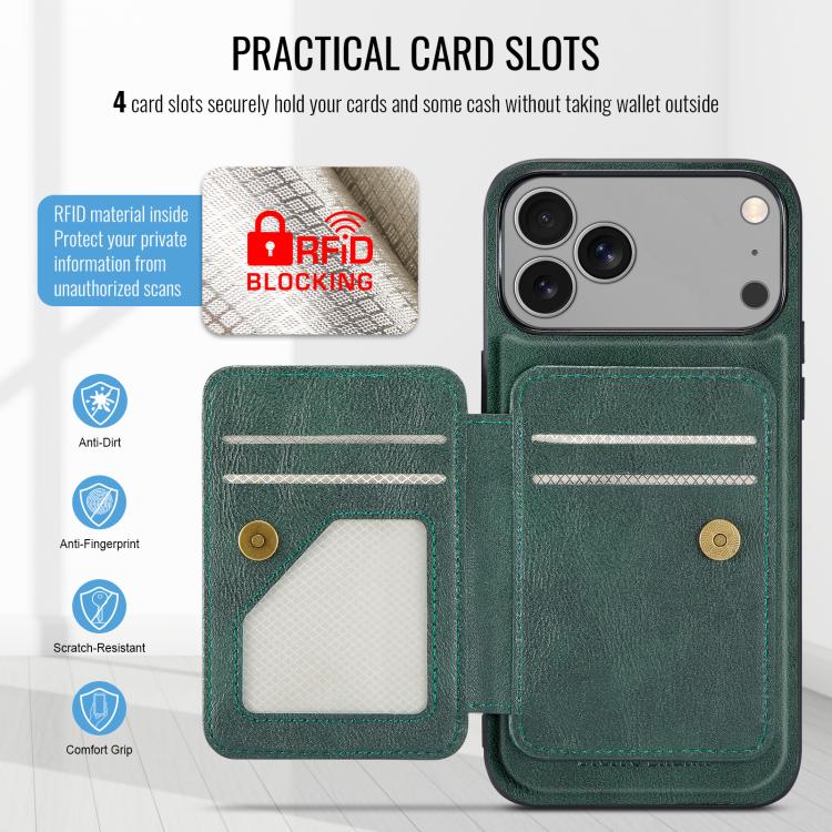For iPhone 18 Pro / 17 Pro Fierre Shann Oil Wax Cow Leather Card Holder Back Phone Case(Green)