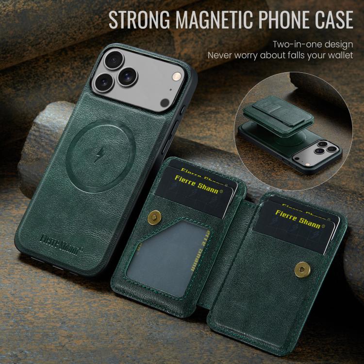 For iPhone 18 Pro / 17 Pro Fierre Shann Oil Wax Cow Leather Card Holder Back Phone Case(Green)