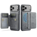 For iPhone 18 Pro / 17 Pro Fierre Shann Oil Wax Cow Leather Card Holder Back Phone Case(Grey)