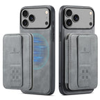 For iPhone 18 Pro / 17 Pro Fierre Shann Oil Wax Cow Leather Card Holder Back Phone Case(Grey)