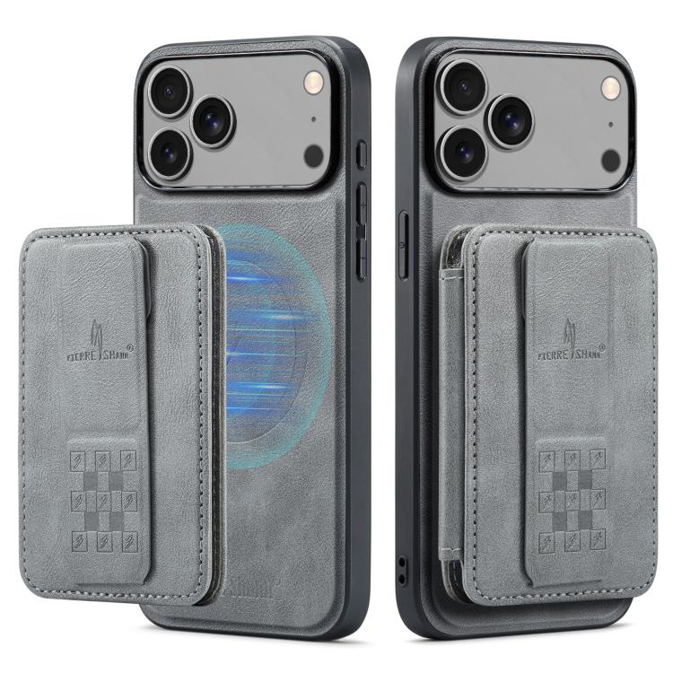 For iPhone 18 Pro / 17 Pro Fierre Shann Oil Wax Cow Leather Card Holder Back Phone Case(Grey)