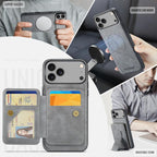 For iPhone 18 Pro / 17 Pro Fierre Shann Oil Wax Cow Leather Card Holder Back Phone Case(Grey)