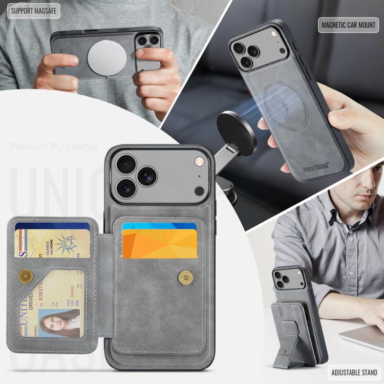 For iPhone 18 Pro / 17 Pro Fierre Shann Oil Wax Cow Leather Card Holder Back Phone Case(Grey)