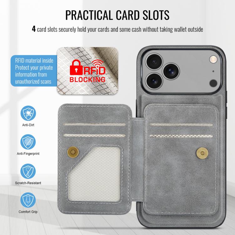 For iPhone 18 Pro / 17 Pro Fierre Shann Oil Wax Cow Leather Card Holder Back Phone Case(Grey)