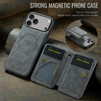 For iPhone 18 Pro / 17 Pro Fierre Shann Oil Wax Cow Leather Card Holder Back Phone Case(Grey)