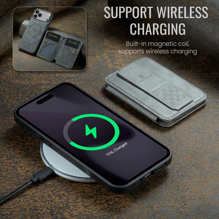 For iPhone 18 Pro / 17 Pro Fierre Shann Oil Wax Cow Leather Card Holder Back Phone Case(Grey)