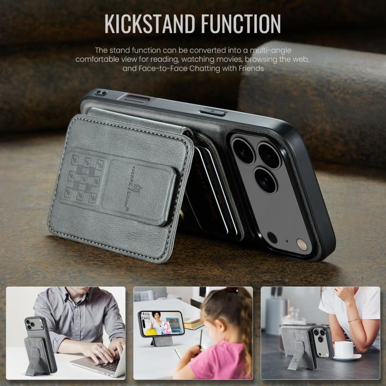 For iPhone 18 Pro / 17 Pro Fierre Shann Oil Wax Cow Leather Card Holder Back Phone Case(Grey)