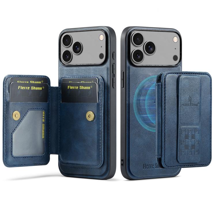 For iPhone 18 Pro / 17 Pro Fierre Shann Oil Wax Cow Leather Card Holder Back Phone Case(Blue)