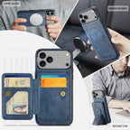 For iPhone 18 Pro / 17 Pro Fierre Shann Oil Wax Cow Leather Card Holder Back Phone Case(Blue)