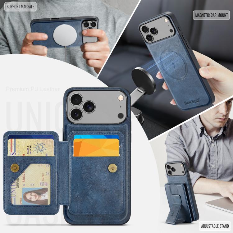For iPhone 18 Pro / 17 Pro Fierre Shann Oil Wax Cow Leather Card Holder Back Phone Case(Blue)