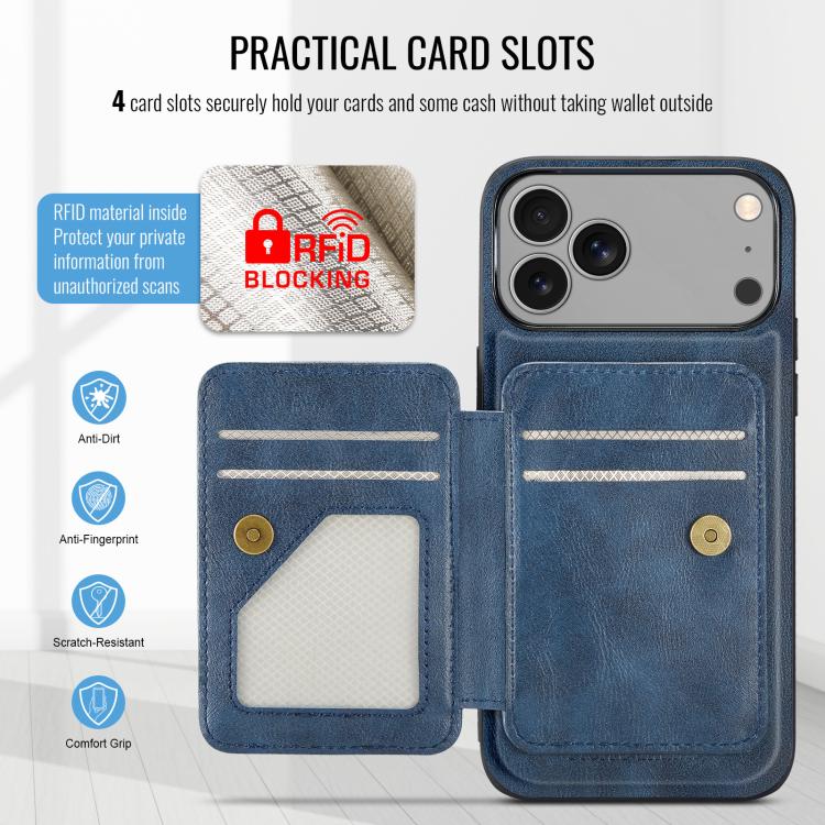 For iPhone 18 Pro / 17 Pro Fierre Shann Oil Wax Cow Leather Card Holder Back Phone Case(Blue)