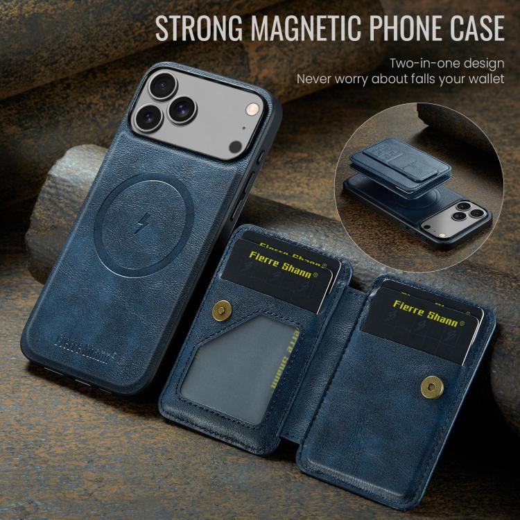 For iPhone 18 Pro / 17 Pro Fierre Shann Oil Wax Cow Leather Card Holder Back Phone Case(Blue)