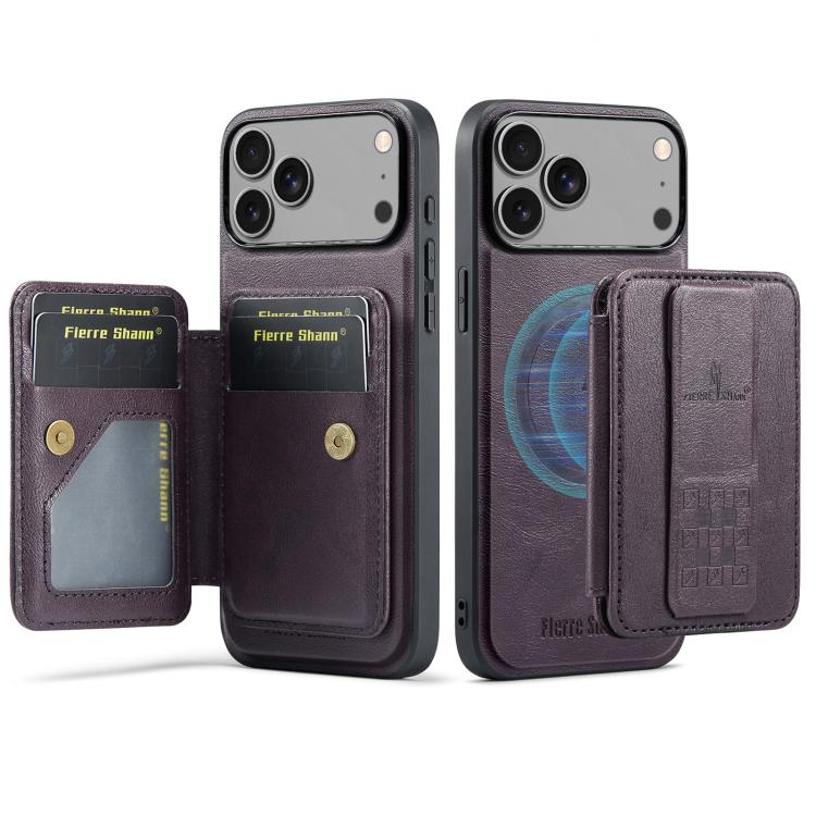 For iPhone 18 Pro / 17 Pro Fierre Shann Oil Wax Cow Leather Card Holder Back Phone Case(Purple)