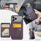 For iPhone 18 Pro / 17 Pro Fierre Shann Oil Wax Cow Leather Card Holder Back Phone Case(Purple)