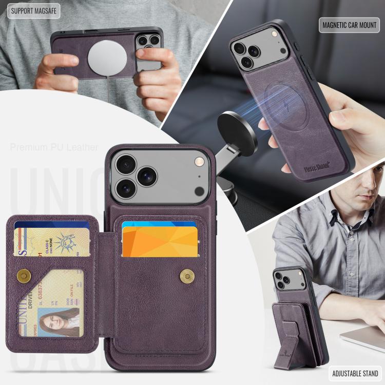 For iPhone 18 Pro / 17 Pro Fierre Shann Oil Wax Cow Leather Card Holder Back Phone Case(Purple)