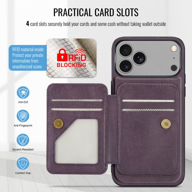 For iPhone 18 Pro / 17 Pro Fierre Shann Oil Wax Cow Leather Card Holder Back Phone Case(Purple)