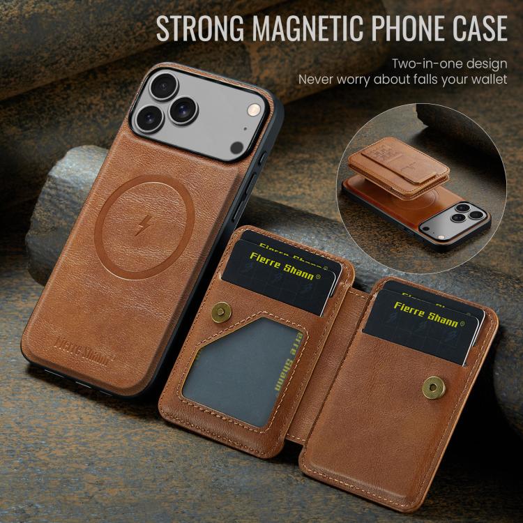 For iPhone 18 Pro / 17 Pro Fierre Shann Oil Wax Cow Leather Card Holder Back Phone Case(Brown)