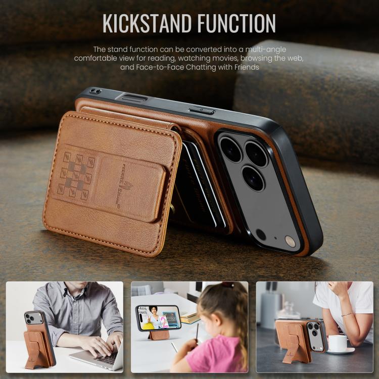 For iPhone 18 Pro / 17 Pro Fierre Shann Oil Wax Cow Leather Card Holder Back Phone Case(Brown)