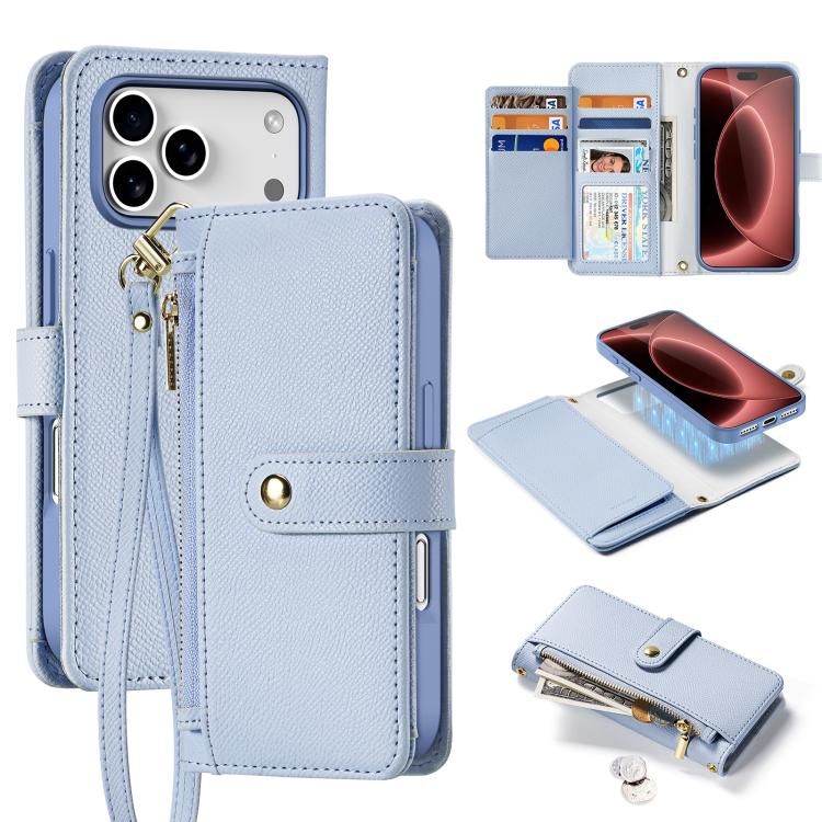 For iPhone 18 Pro DUX DUCIS Lawa Series 2 in 1 Wallet Zipper Detachable MagSafe Phone Case with Lanyard(Light Blue)