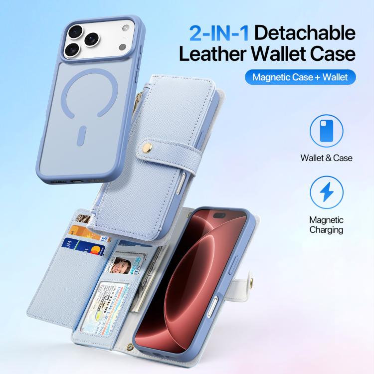 For iPhone 18 Pro DUX DUCIS Lawa Series 2 in 1 Wallet Zipper Detachable MagSafe Phone Case with Lanyard(Light Blue)