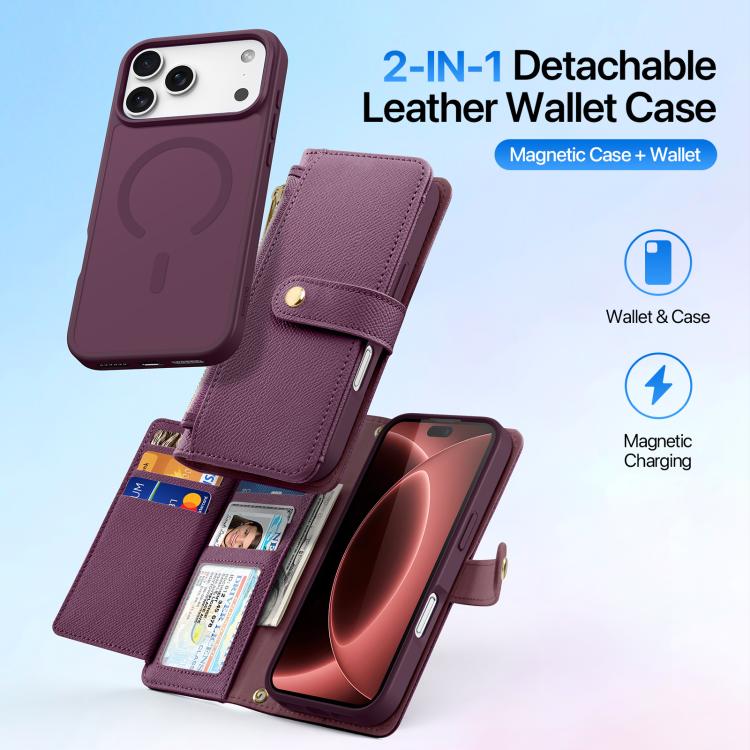 For iPhone 18 Pro DUX DUCIS Lawa Series 2 in 1 Wallet Zipper Detachable MagSafe Phone Case with Lanyard(Cherry Red)