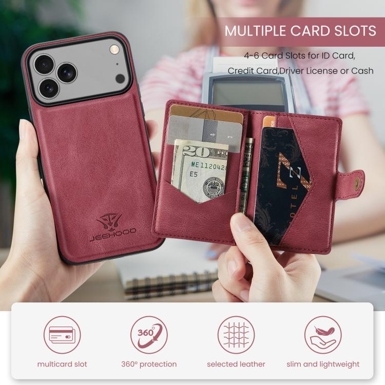 For iPhone 18 Pro / 17 Pro JEEHOOD J01 Retro Magnetic Detachable Wallet Phone Case(Red)