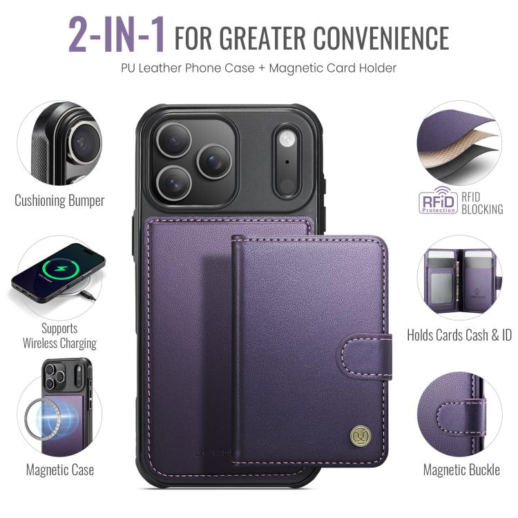 For iPhone 18 Pro JEEHOOD J09 Buckle Card Bag MagSafe Magnetic Style RFID Leather Phone Case(Purple)