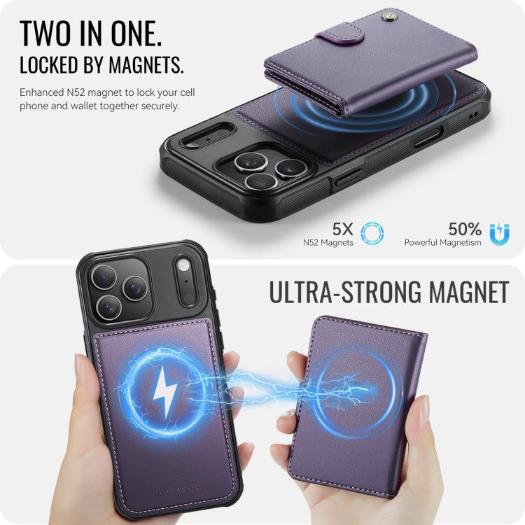 For iPhone 18 Pro JEEHOOD J09 Buckle Card Bag MagSafe Magnetic Style RFID Leather Phone Case(Purple)
