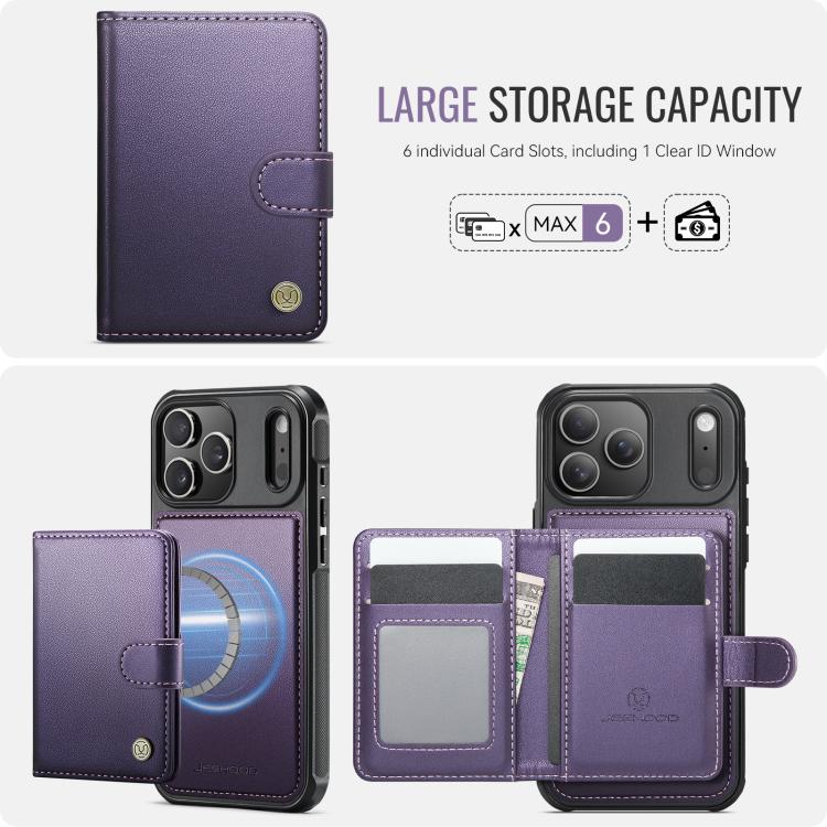 For iPhone 18 Pro JEEHOOD J09 Buckle Card Bag MagSafe Magnetic Style RFID Leather Phone Case(Purple)