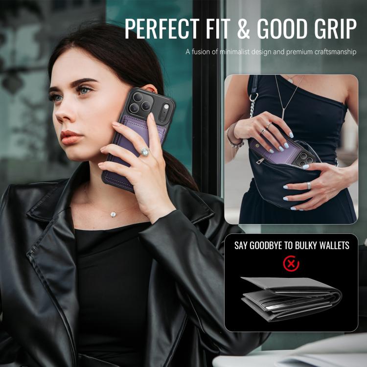 For iPhone 18 Pro JEEHOOD J09 Buckle Card Bag MagSafe Magnetic Style RFID Leather Phone Case(Purple)
