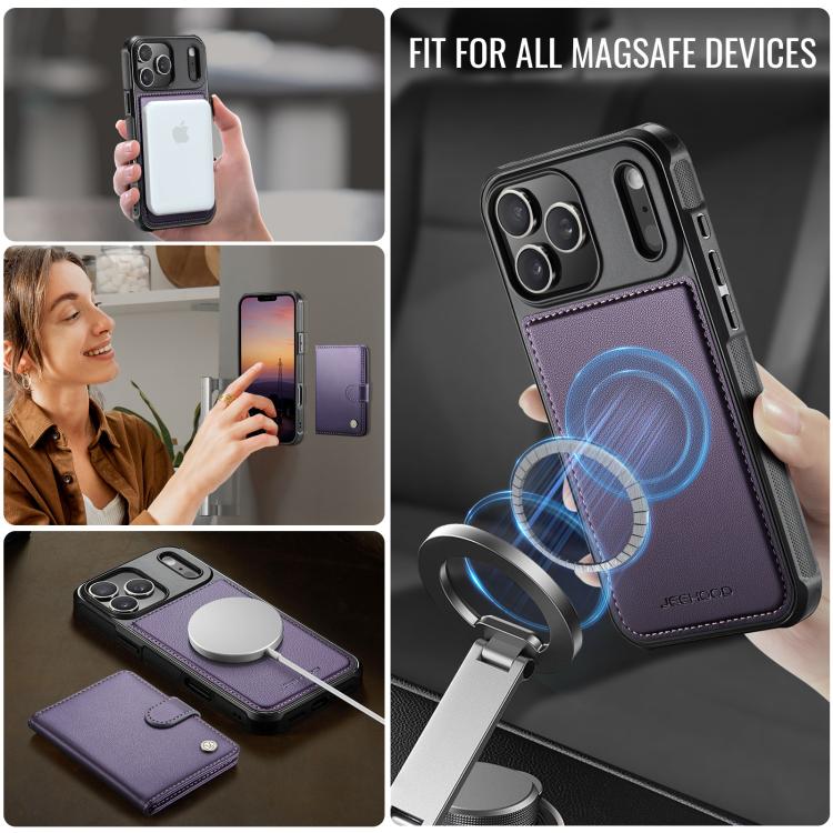For iPhone 18 Pro JEEHOOD J09 Buckle Card Bag MagSafe Magnetic Style RFID Leather Phone Case(Purple)