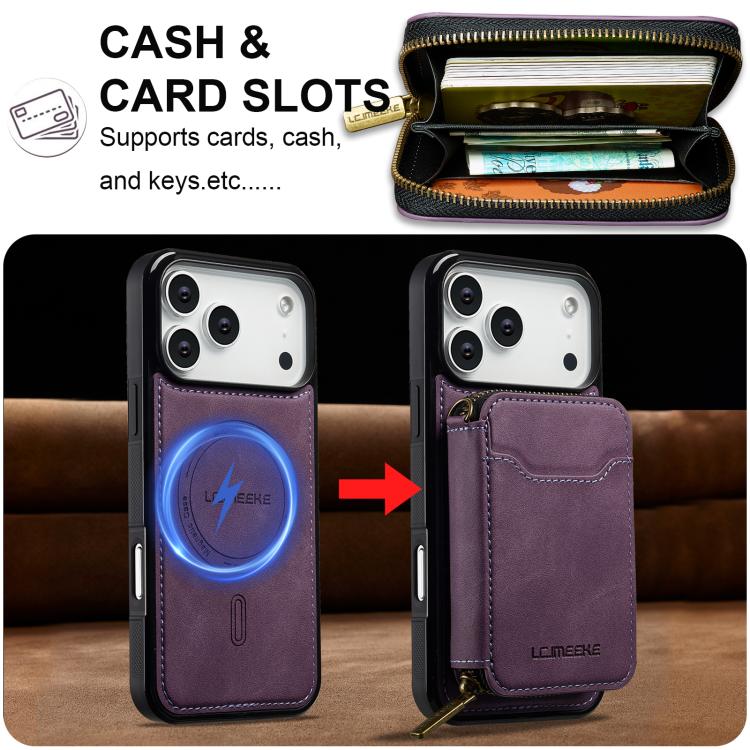 For iPhone 18 Pro / 17 Pro LC.IMEEKE L6 Series Zipper Card Bag MagSafe Magnetic Phone Case(Purple)
