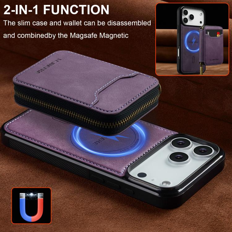 For iPhone 18 Pro / 17 Pro LC.IMEEKE L6 Series Zipper Card Bag MagSafe Magnetic Phone Case(Purple)