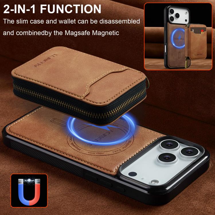 For iPhone 18 Pro / 17 Pro LC.IMEEKE L6 Series Zipper Card Bag MagSafe Magnetic Phone Case(Brown)