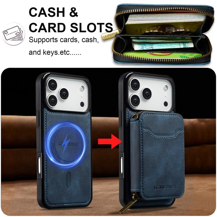 For iPhone 18 Pro / 17 Pro LC.IMEEKE L6 Series Zipper Card Bag MagSafe Magnetic Phone Case(Blue)