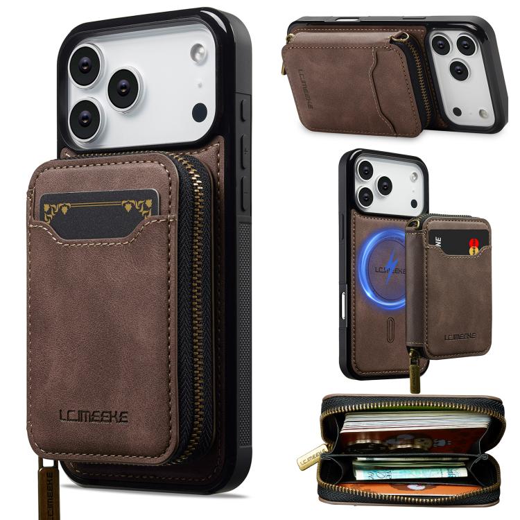 For iPhone 18 Pro / 17 Pro LC.IMEEKE L6 Series Zipper Card Bag MagSafe Magnetic Phone Case(Coffee)