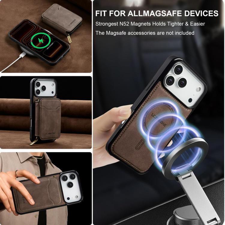 For iPhone 18 Pro / 17 Pro LC.IMEEKE L6 Series Zipper Card Bag MagSafe Magnetic Phone Case(Coffee)