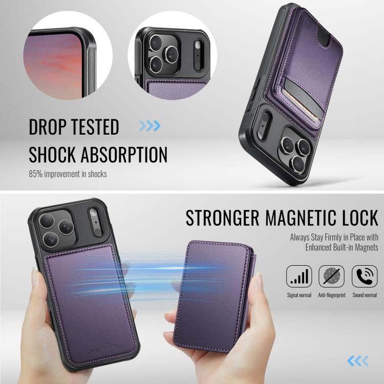 For iPhone 18 Pro JEEHOOD J10 Flip Card Bag MagSafe Split RFID Leather Phone Case(Purple)