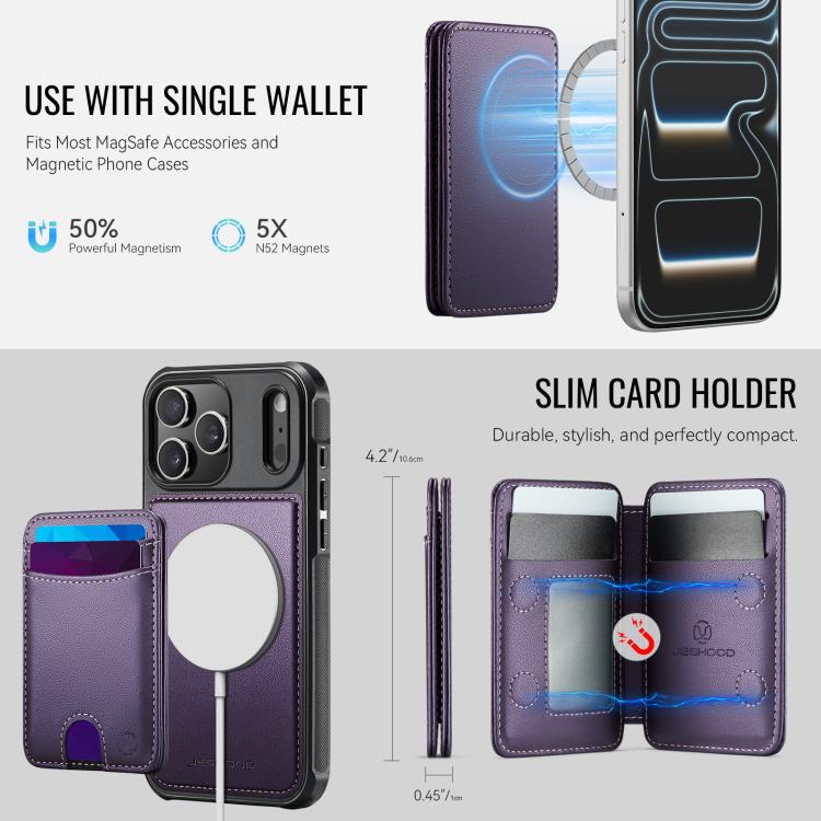 For iPhone 18 Pro JEEHOOD J10 Flip Card Bag MagSafe Split RFID Leather Phone Case(Purple)