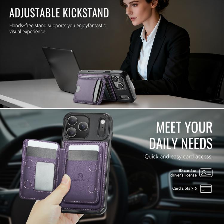 For iPhone 18 Pro JEEHOOD J10 Flip Card Bag MagSafe Split RFID Leather Phone Case(Purple)
