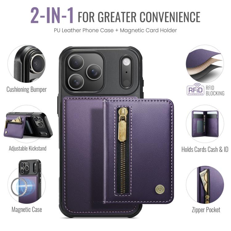 For iPhone 18 Pro JEEHOOD J12 Exquisite RFID MagSafe Zipper Card Bag Phone Case(Purple)