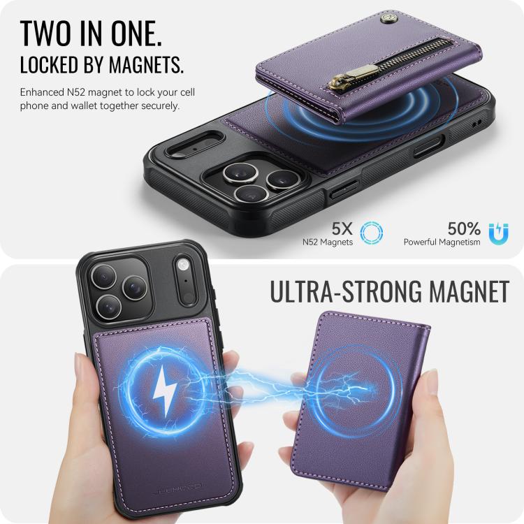 For iPhone 18 Pro JEEHOOD J12 Exquisite RFID MagSafe Zipper Card Bag Phone Case(Purple)