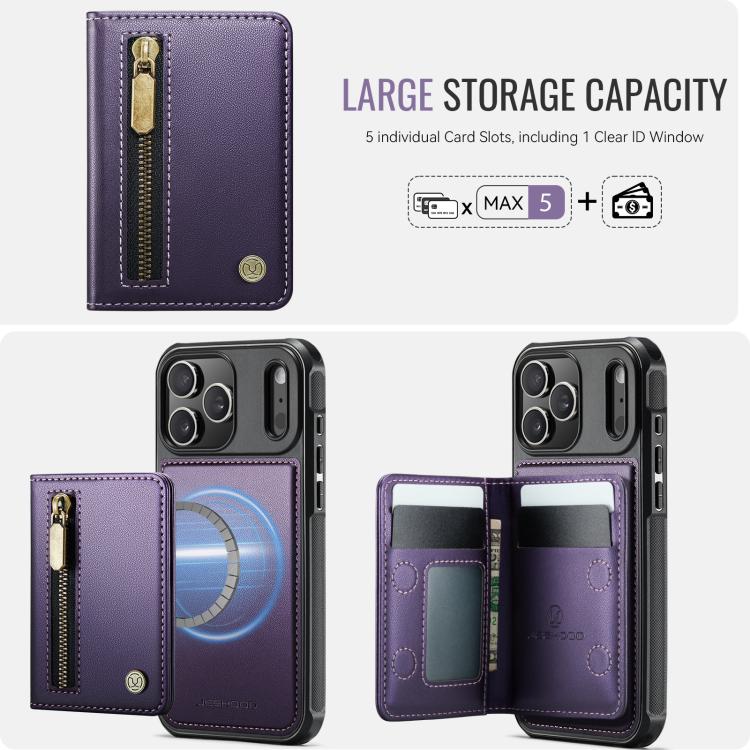 For iPhone 18 Pro JEEHOOD J12 Exquisite RFID MagSafe Zipper Card Bag Phone Case(Purple)
