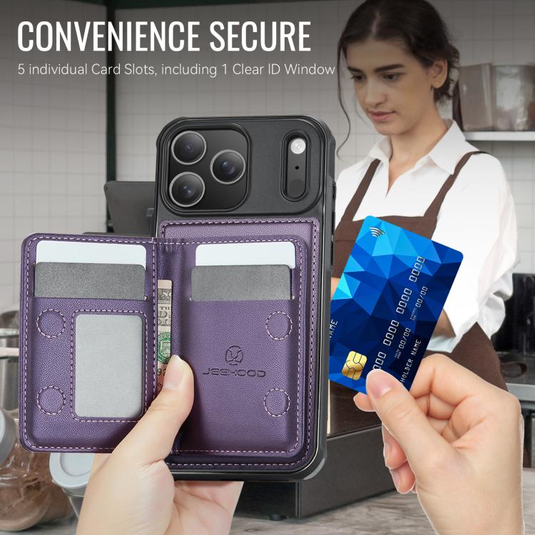 For iPhone 18 Pro JEEHOOD J12 Exquisite RFID MagSafe Zipper Card Bag Phone Case(Purple)